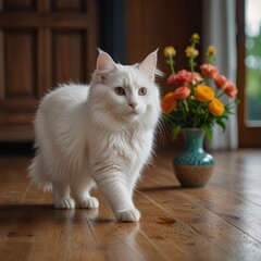 A white cat with blue eyes walks across a wooden floor with a vase of colorful flowers in the background.