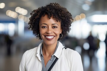 Wall Mural - Portrait of a grinning afro-american woman in her 40s wearing a classic white shirt in bustling airport terminal background