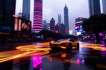 Aufkleber - A futuristic city with fiber optic highways, where the glowing cables run above the streets, powering high-speed internet and streaming services across the cityscape