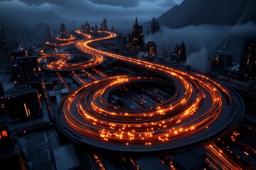 Aufkleber - A futuristic city with fiber optic highways, where the glowing cables run above the streets, powering high-speed internet and streaming services across the cityscape