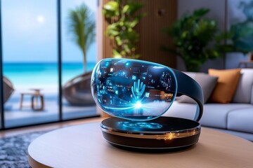 Poster - A futuristic living room with holographic screens, where media is streamed through virtual interfaces floating in mid-air, controlled by gestures and voice commands