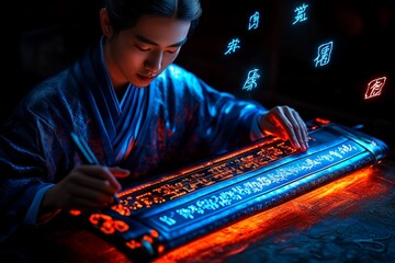Poster - A futuristic scholar composing poetry on a glowing digital scroll, with holographic characters floating in the air, blending ancient Eastern wisdom with cutting-edge technology