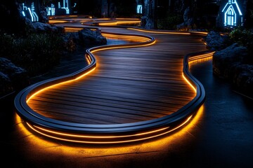 Poster - A futuristic wooden bridge in a high-tech city, where the old wood has been reinforced with sleek, glowing metal, creating a fusion of rustic and advanced design