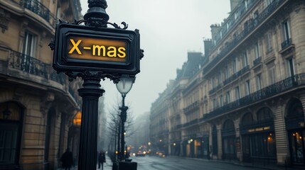 An ornate street sign in a foggy urban street displaying X-mas captures the essence of a cityscape during the holiday season with elegant architecture and a serene ambiance