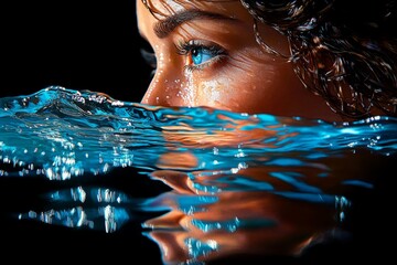 Poster - A hyper-realistic depiction of a person gazing at their reflection in water, with every ripple and detail of their face captured, focusing on the act of self-reflection
