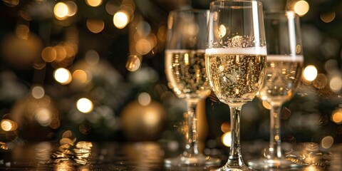 A festive setting featuring three sparkling wine glasses with golden bokeh lights in the background creating a celebratory ambiance