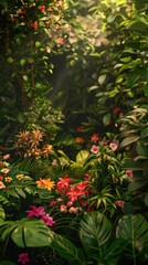 Lush green garden with a variety of blooming flowers, 4K hyperrealistic photo