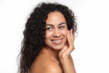 Sticker - Cosmetology. Beautiful woman with perfect skin on white background