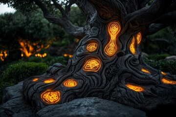 Poster - A mystical tree with glowing bark, where the deep cracks are filled with a soft, ethereal light, and the tree itself holds magical symbols carved into its ancient surface