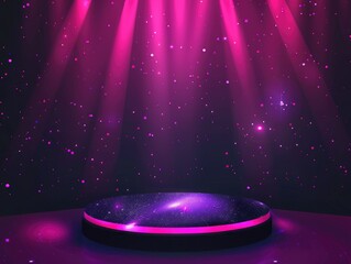 Wall Mural - a circular podium bathed in vibrant pink light with a scattering of shimmering sparkles.