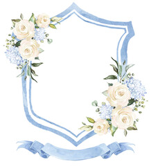 Wall Mural - Floral Blue Hydrangea Greenery Blue White Watercolor Flowers Wedding Crest template PNG. Wedding Design	