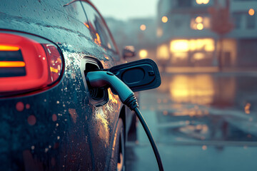  power supply plugged into an electric car being charged in city