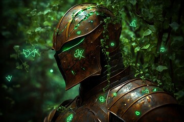 Poster - A rusted metal armor set hanging in a mystical forest, overgrown with glowing vines and magical symbols, showing how time and nature have blended with the relics of a forgotten warrior
