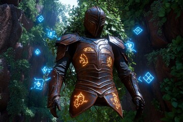 Poster - A rusted metal armor set hanging in a mystical forest, overgrown with glowing vines and magical symbols, showing how time and nature have blended with the relics of a forgotten warrior