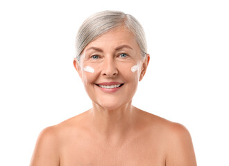 Sticker - Senior woman with face cream on white background