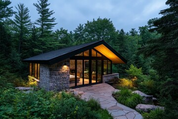 Poster - A small stone cottage nestled in a clearing, surrounded by towering pines and oaks, with the soft light of dusk casting long shadows, creating a hidden and magical retreat in the forest