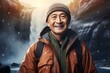 © Markus Schröder - Portrait of a smiling asian man in his 50s wearing a warm parka in front of backdrop of a spectacular waterfall