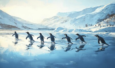 Wall Mural - Penguins walk on frozen lake in mountains.