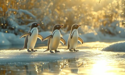 Wall Mural - Three penguins on ice with golden light.