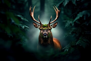 Poster - A stag standing in the middle of a misty forest clearing, its antlers covered in moss and its gaze piercing through the fog, as the soft light of dawn filters through the trees