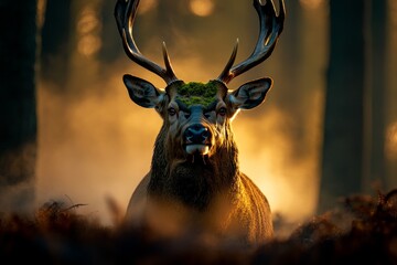 Poster - A stag standing in the middle of a misty forest clearing, its antlers covered in moss and its gaze piercing through the fog, as the soft light of dawn filters through the trees