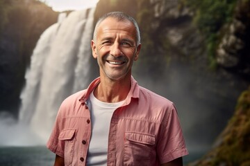 Portrait of a happy man in his 50s wearing a simple cotton shirt isolated in backdrop of a spectacular waterfall