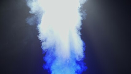 Wall Mural - close-up stream of white smoke on a black background with blue neon light. contrast of brightly lit 