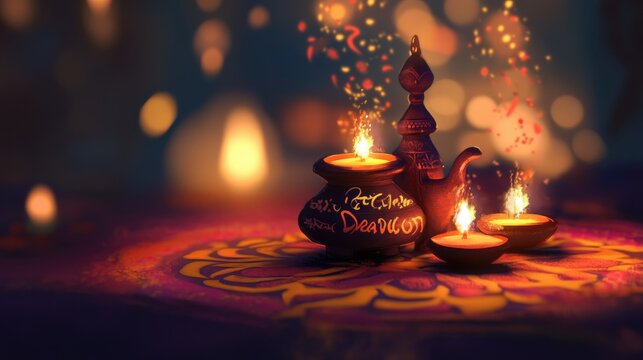 Shubh Deepavali text in a decorative style, surrounded by vibrant Rangoli patterns, oil lamps, and a blurred background of fireworks