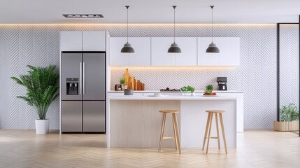 Sleek kitchen with white cabinets, two stools, and stainless steel fridge. Warm lighting.