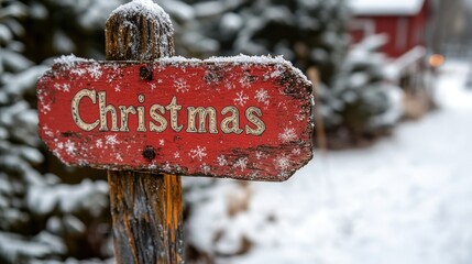 A weathered wooden sign with the word Christmas painted on it stands out against a snowy landscape, evoking a cozy and festive holiday atmosphere