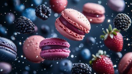 professional photography of a lot of macarons, strawberries, blueberries, blackberries flying in the cosmos, sparkl stars, dream like