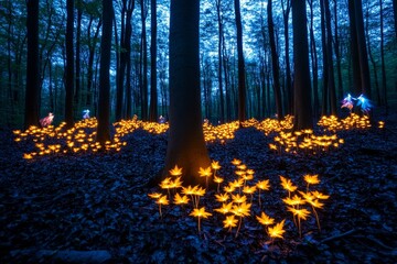 Poster - An ancient European forest where the trees glow softly at night, their leaves shimmering with a magical light, and faeries dancing among the branches, creating an ethereal, dreamlike scene