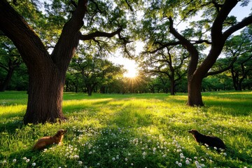 Poster - An enchanted forest clearing bathed in golden light, with wildflowers and ancient oak trees casting long shadows, and birds singing softly in the background