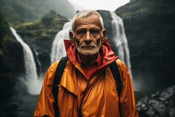 Poster - Portrait of a content indian elderly man in his 90s sporting a waterproof rain jacket in front of backdrop of a spectacular waterfall