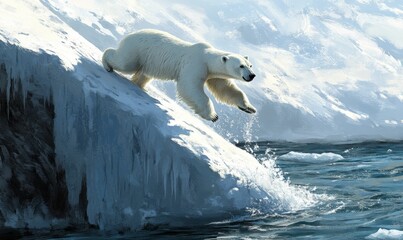 Wall Mural - polar bear leaps from ice to water.
