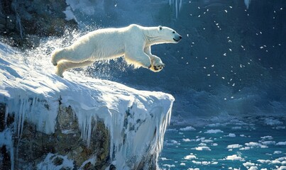 Wall Mural - polar bear leaps from icy cliff into water.