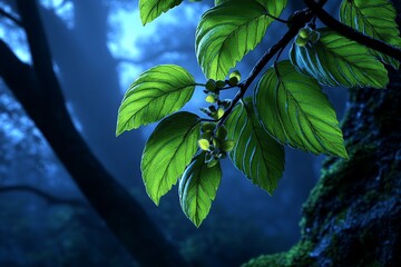 Poster - Detailed shot of a mist-covered European forest at dawn, with soft light filtering through the trees, every leaf and branch rendered in stunning, lifelike detail