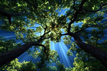 Poster - Detailed shot of a mist-covered European forest at dawn, with soft light filtering through the trees, every leaf and branch rendered in stunning, lifelike detail