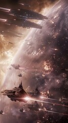 Wall Mural - epic confrontation of alien fleets amid shimmering cosmic dust clouds, 4k hyperrealistic photo