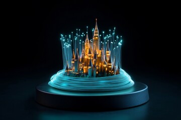 Aufkleber - Fantasy castle with glowing fiber optic threads running through its walls, enabling magical media streams and digital communication for a kingdom in a futuristic magical world