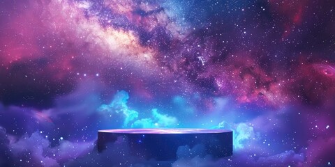 Wall Mural - Abstract platform in a futuristic, starry sky with blue and pink clouds.