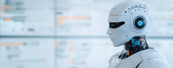 futuristic robot with sleek design and glowing elements stands against blurred background of digital interfaces, showcasing advanced technology and innovation