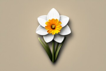 Poster - Minimalist design of a single Narcissus flower, with its trumpet and petals in simple yellow and white lines, placed against a neutral background