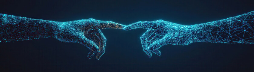 Canvas Print - digital representation of two hands reaching towards each other, symbolizing connection between humans and technology. hands are composed of glowing lines and nodes, creating futuristic feel