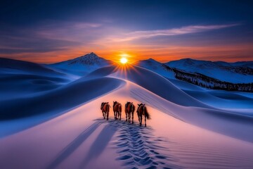 Poster - Minimalist panoramic landscape of a desert at dusk, with clean, simple lines showing the gentle curves of the dunes under a gradient sky