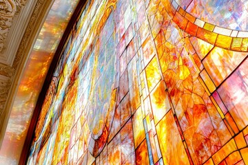 A Close-Up of a Stained Glass Window with a Curved Design in Orange and Yellow Hues