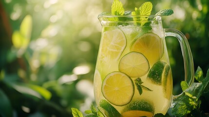 Wall Mural - A pitcher of refreshing limeade with mint leaves, perfect for a hot summer day.