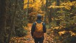 © Prostock-studio - A lone hiker walks down a forest path covered in fallen leaves. The trees on either side of the path are mostly deciduous, with many of their leaves having changed to a vibrant yellow color.