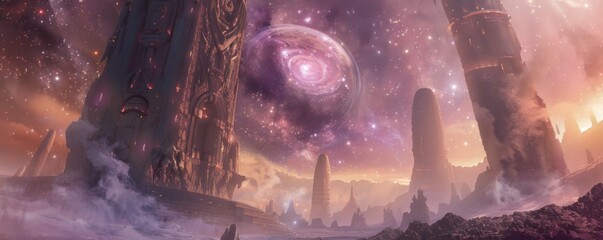 Wall Mural - ethereal temple drifting through space, 4k hyperrealistic photo