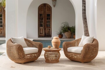 Rattan Bhameros outdoor patio furniture set with two chairs and side table, natural color, by the pool with white wall.